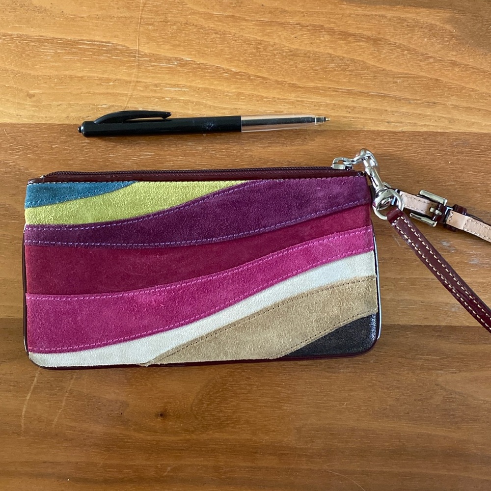 Coach suede wristlet, fun multicolored!